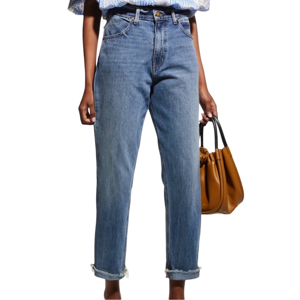 The GREAT Slouch Taper 100% Cotton Denim Medium Wash High-Rise Jeans Raw Hem
